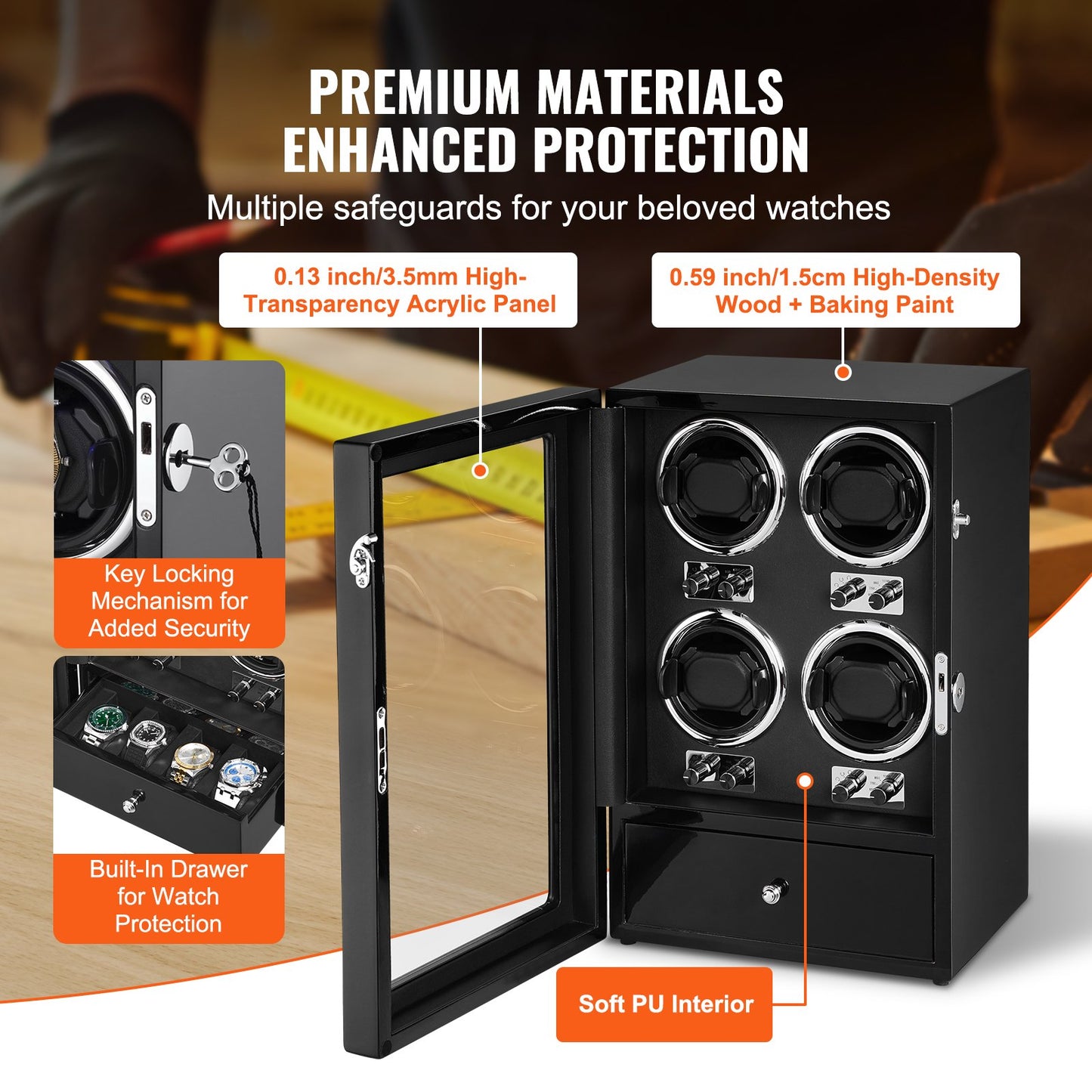 VEVOR Watch Winder, Watch Winder for 4 Men's and Women's Automatic Watches, with