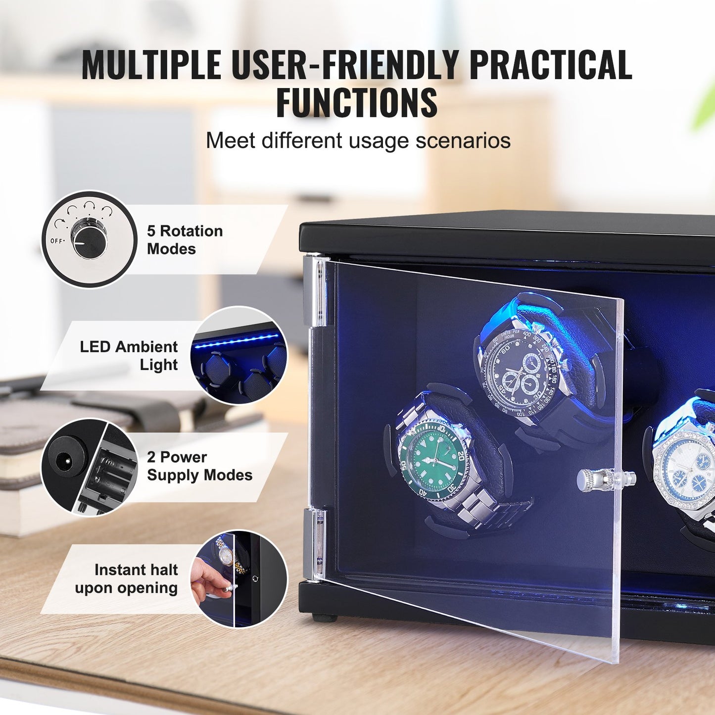 VEVOR Watch Winder, Watch Winder for 4 Men's and Women's Automatic Watches, with