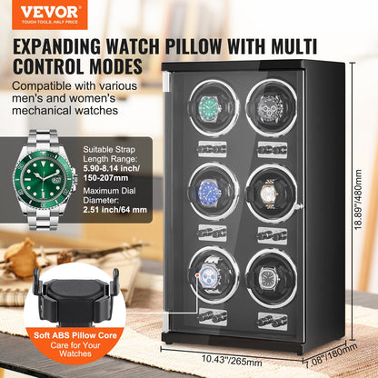 VEVOR Watch Winder, Watch Winder for 6 Men's and Women's Automatic Watches, with