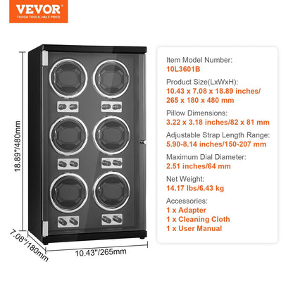 Luxury Automatic Watch Winder for 6 Watches, Quiet Motors, LED, Black Finish