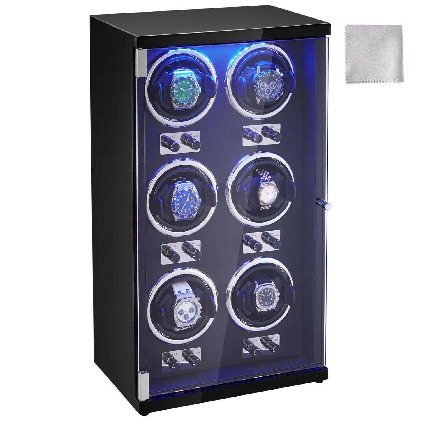 Luxury Automatic Watch Winder for 6 Watches, Quiet Motors, LED, Black Finish
