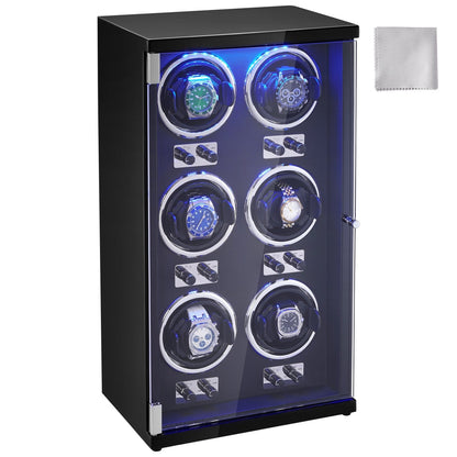 Luxury Automatic Watch Winder for 6 Watches, Quiet Motors, LED, Black Finish