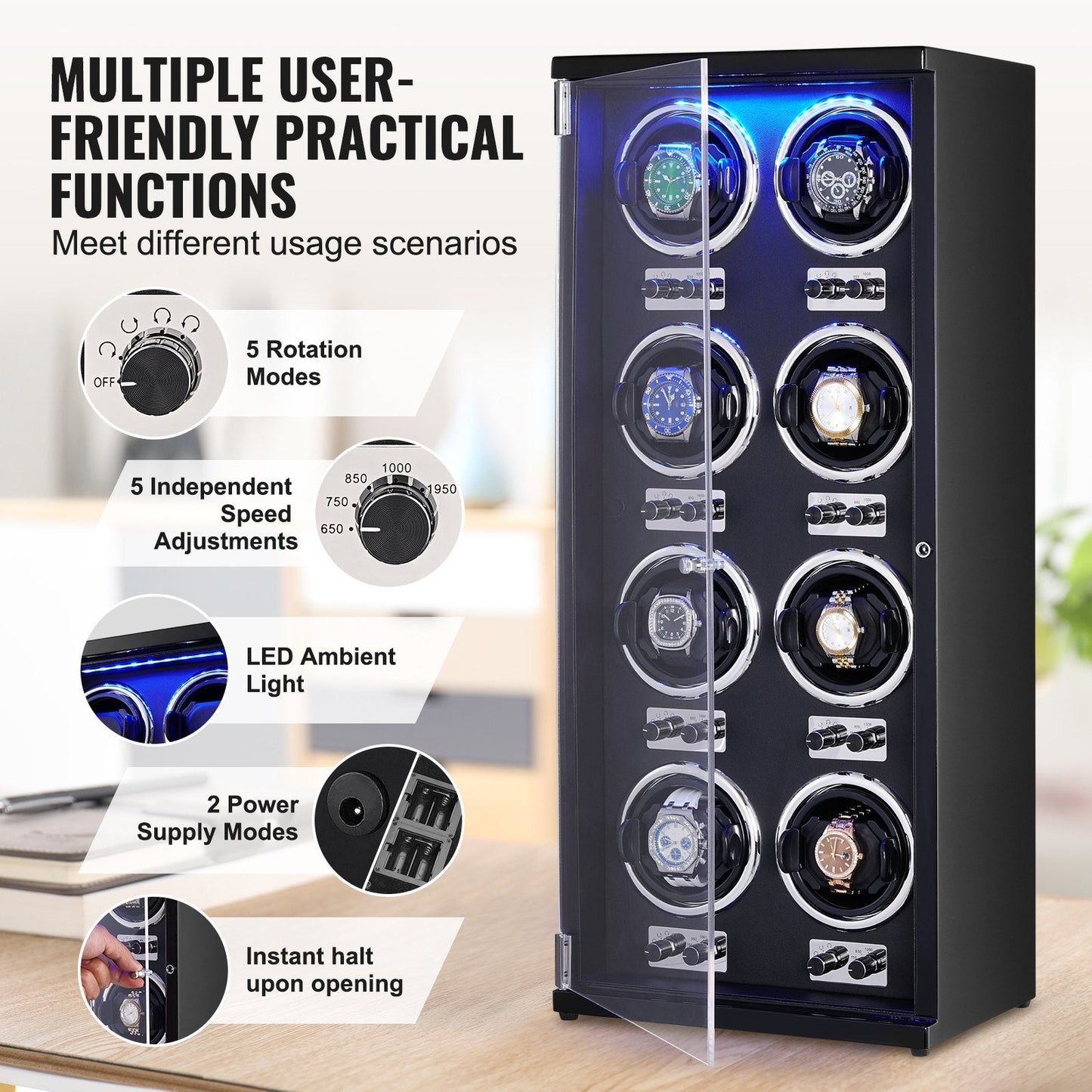 Automatic Watch Winder for 8 Watches with Quiet Motors and LED Light