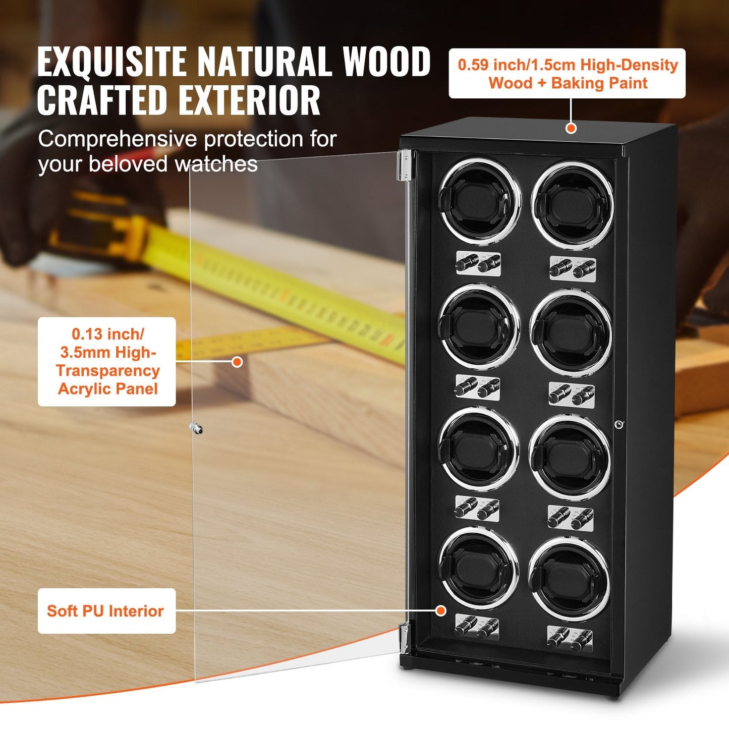 Automatic Watch Winder for 8 Watches with Quiet Motors and LED Light
