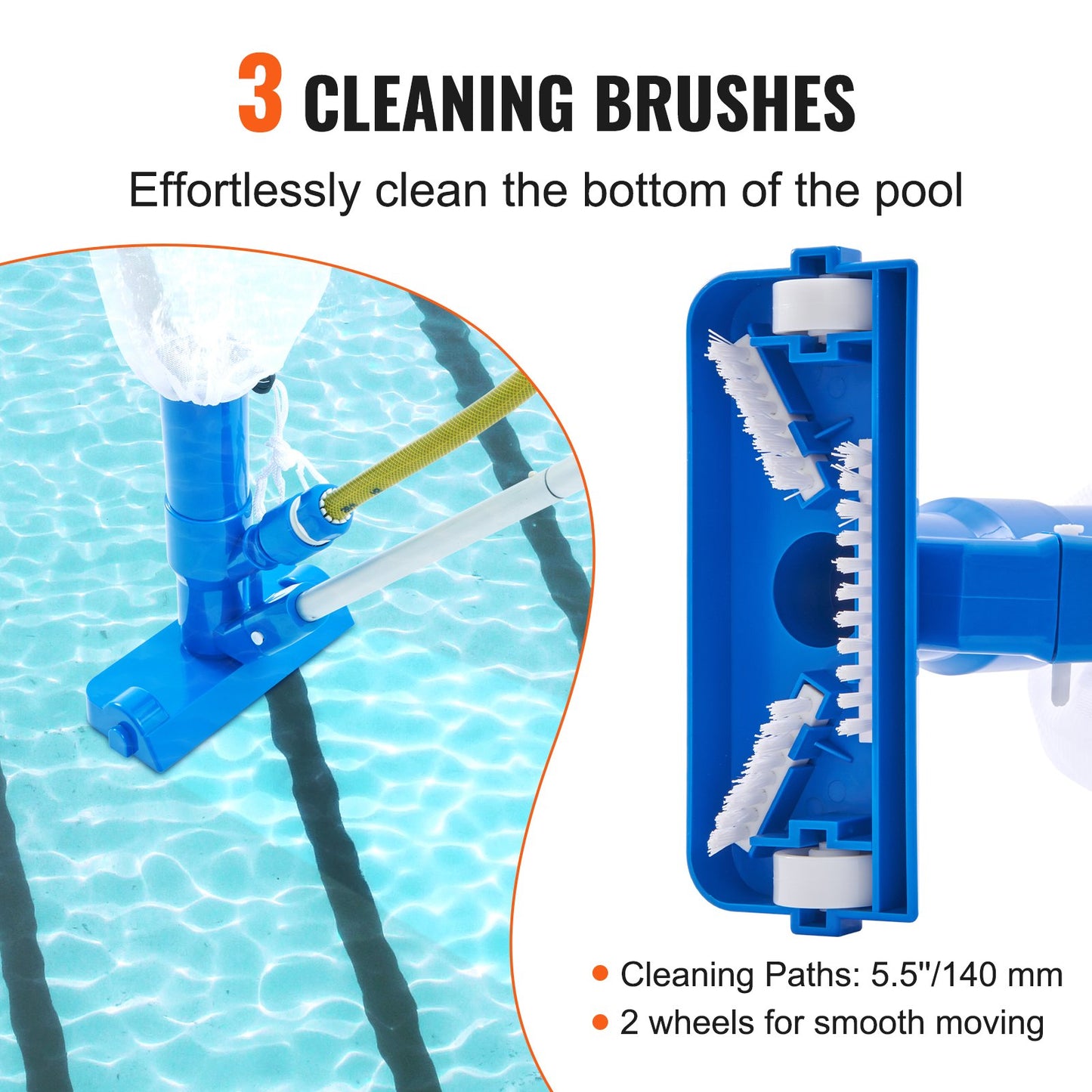 VEVOR Portable Pool Vacuum, Handheld Pool Vacuum Cleaner with 3 Scrub Brushes &