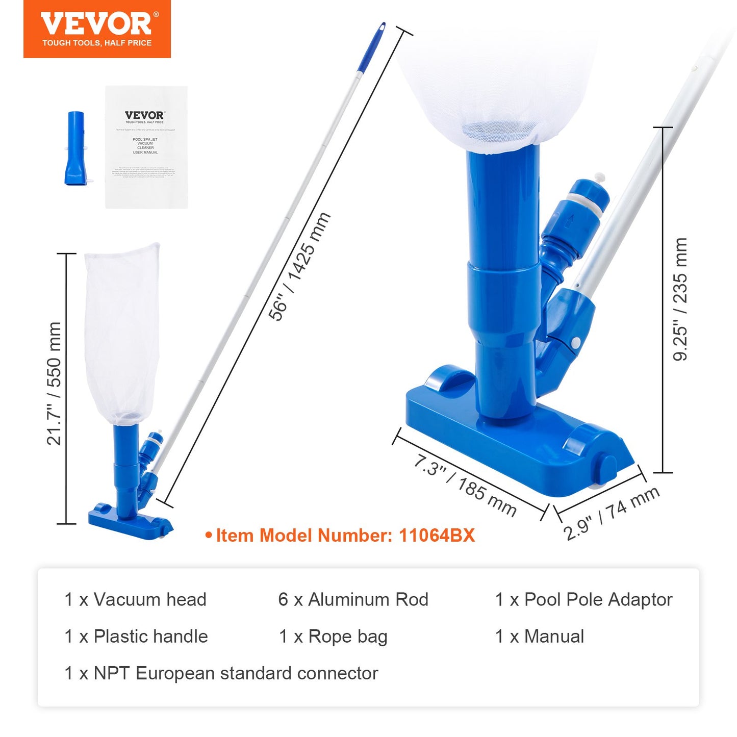 VEVOR Portable Pool Vacuum, Handheld Pool Vacuum Cleaner with 3 Scrub Brushes &