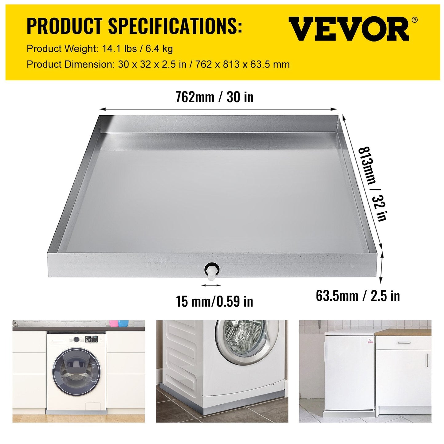 Stainless Steel Washing Machine Pan with Drain, 0.81m x 0.76m x 0.06m, 6.4kg