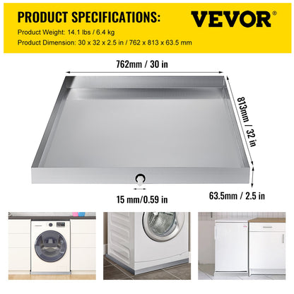 VEVOR 32 x 30 x 2.5 Inch Washing Machine Pan 18 GA Thickness 304 Stainless Steel