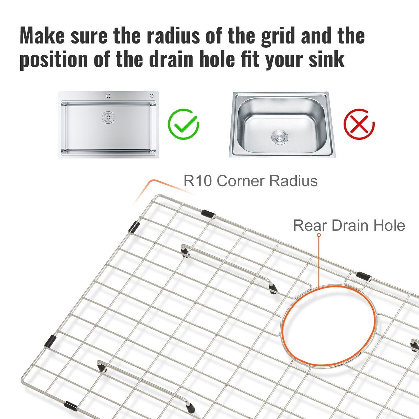 Stainless Steel Sink Protector Grid, 699x343 mm, Rear Drain, Silver Finish