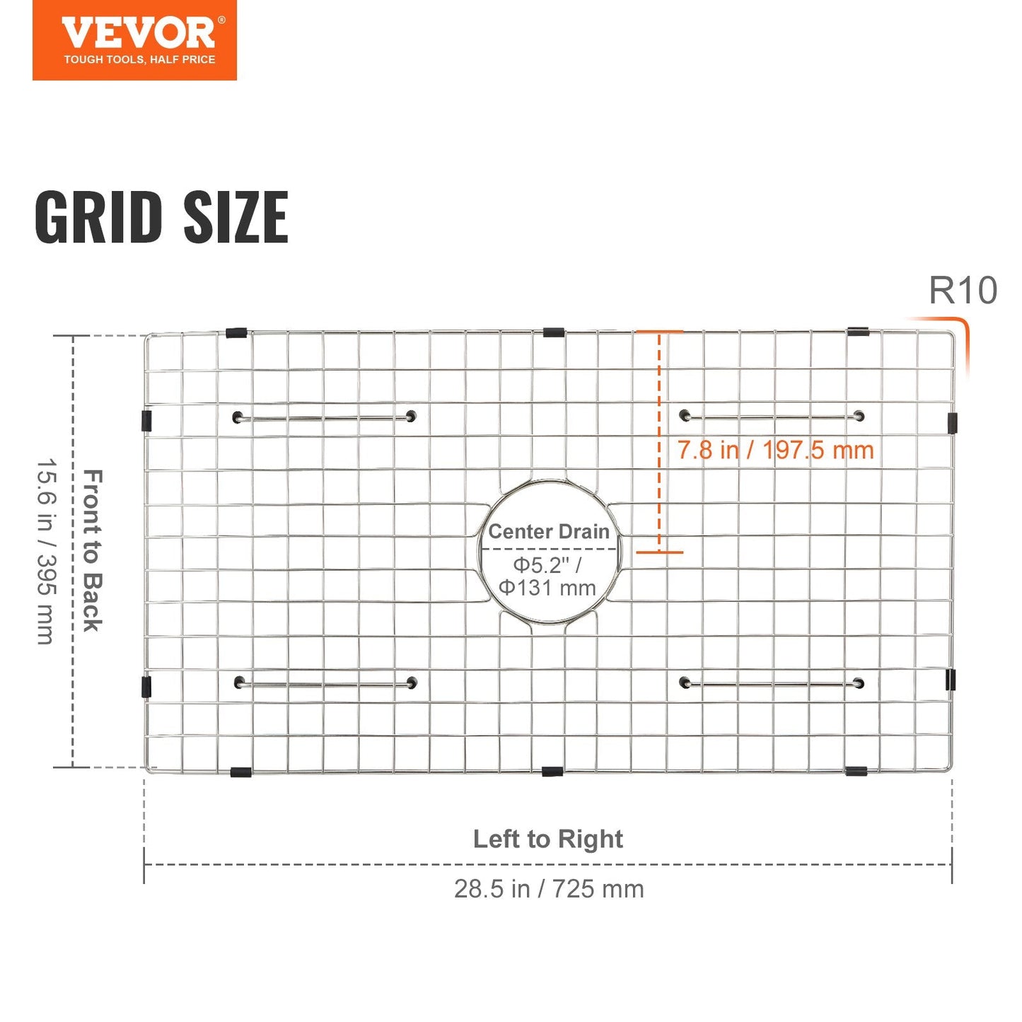 Stainless Steel Sink Protector Grid, 72.5x39.5 cm, Centered Drain Design