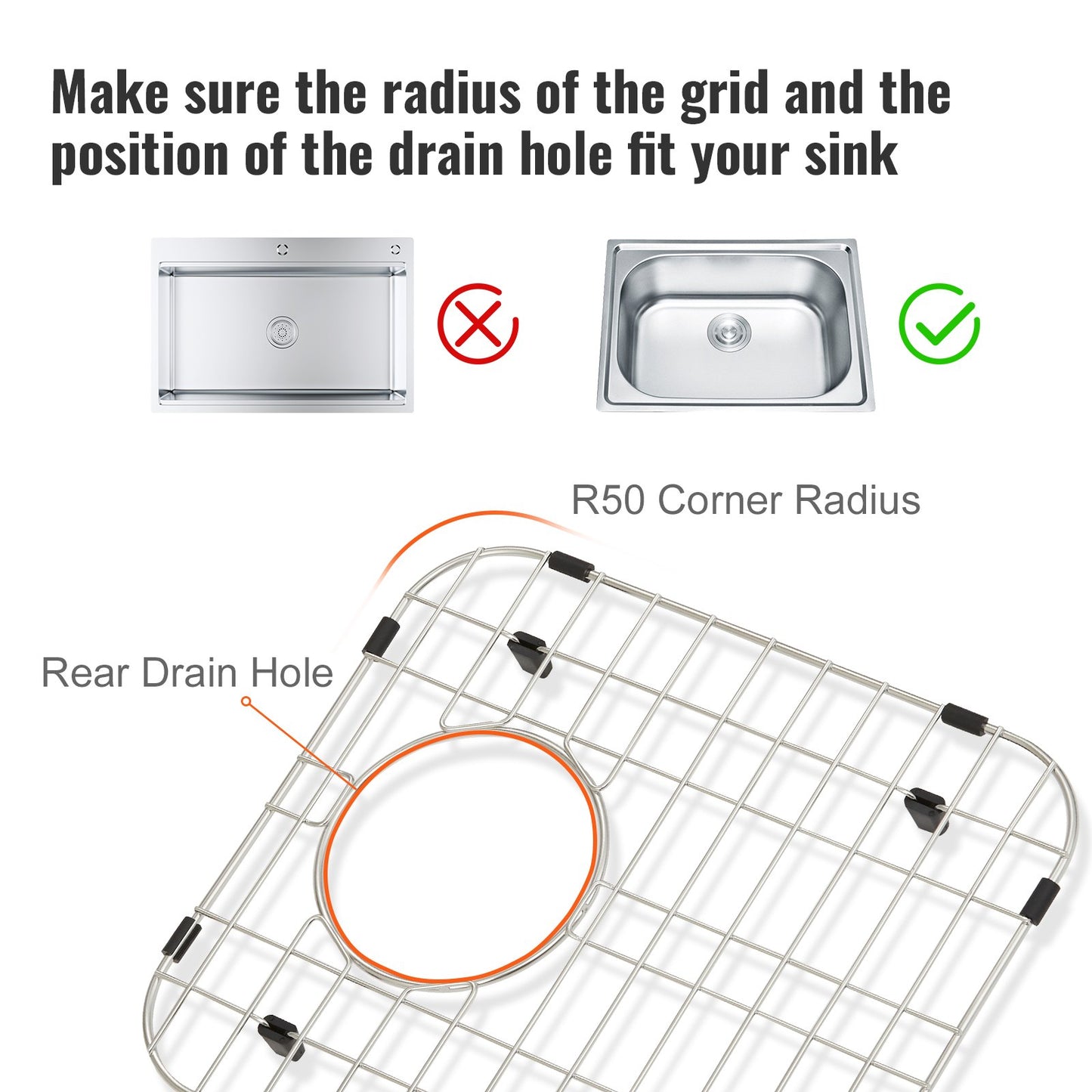 VEVOR Sink Protector Grid 2PCS, 13.3"x11.6" Stainless Steel Sink Grates, Rear Drain
