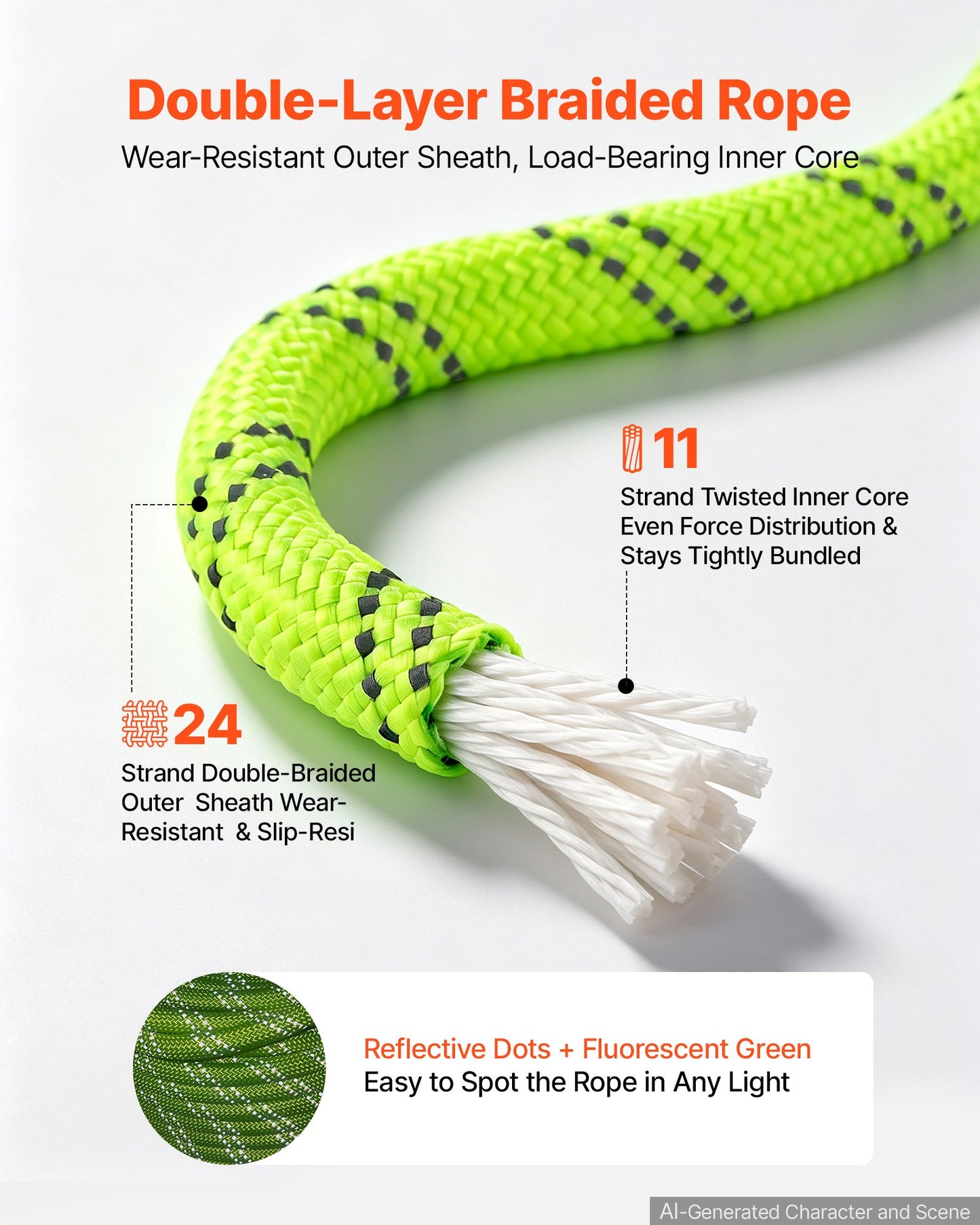Double Braided Polyester Rope 12.7 mm x 36 m Arborist Rigging Rope, for Tree Work, Heavy Duty 11 Strands, 1678 kg High Breaking Strength, Outdoor Climbing Towing Swing Pulling Cord, Green