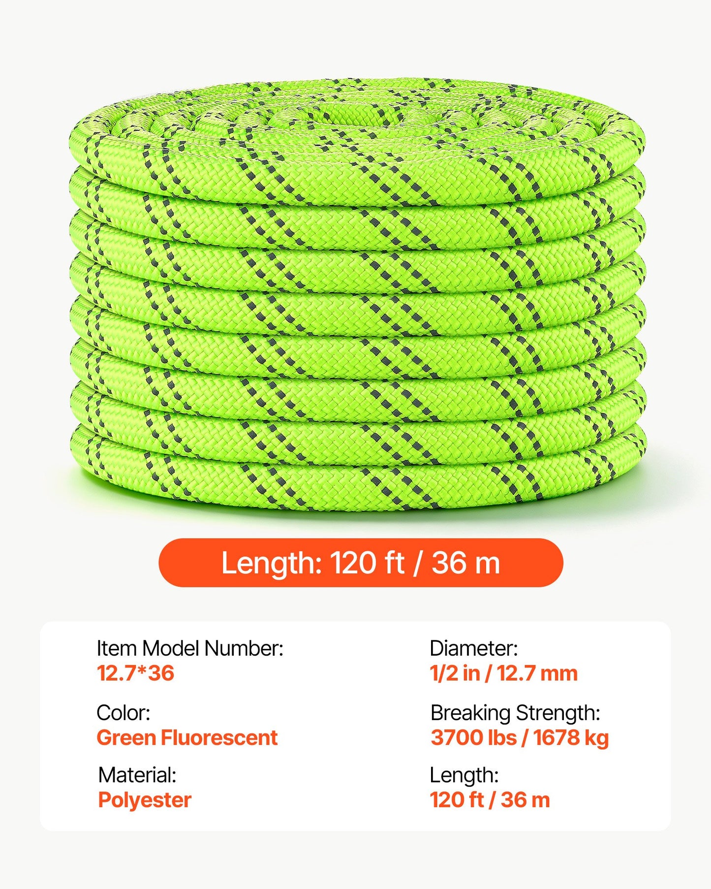Double Braided Polyester Rope 12.7 mm x 36 m Arborist Rigging Rope, for Tree Work, Heavy Duty 11 Strands, 1678 kg High Breaking Strength, Outdoor Climbing Towing Swing Pulling Cord, Green