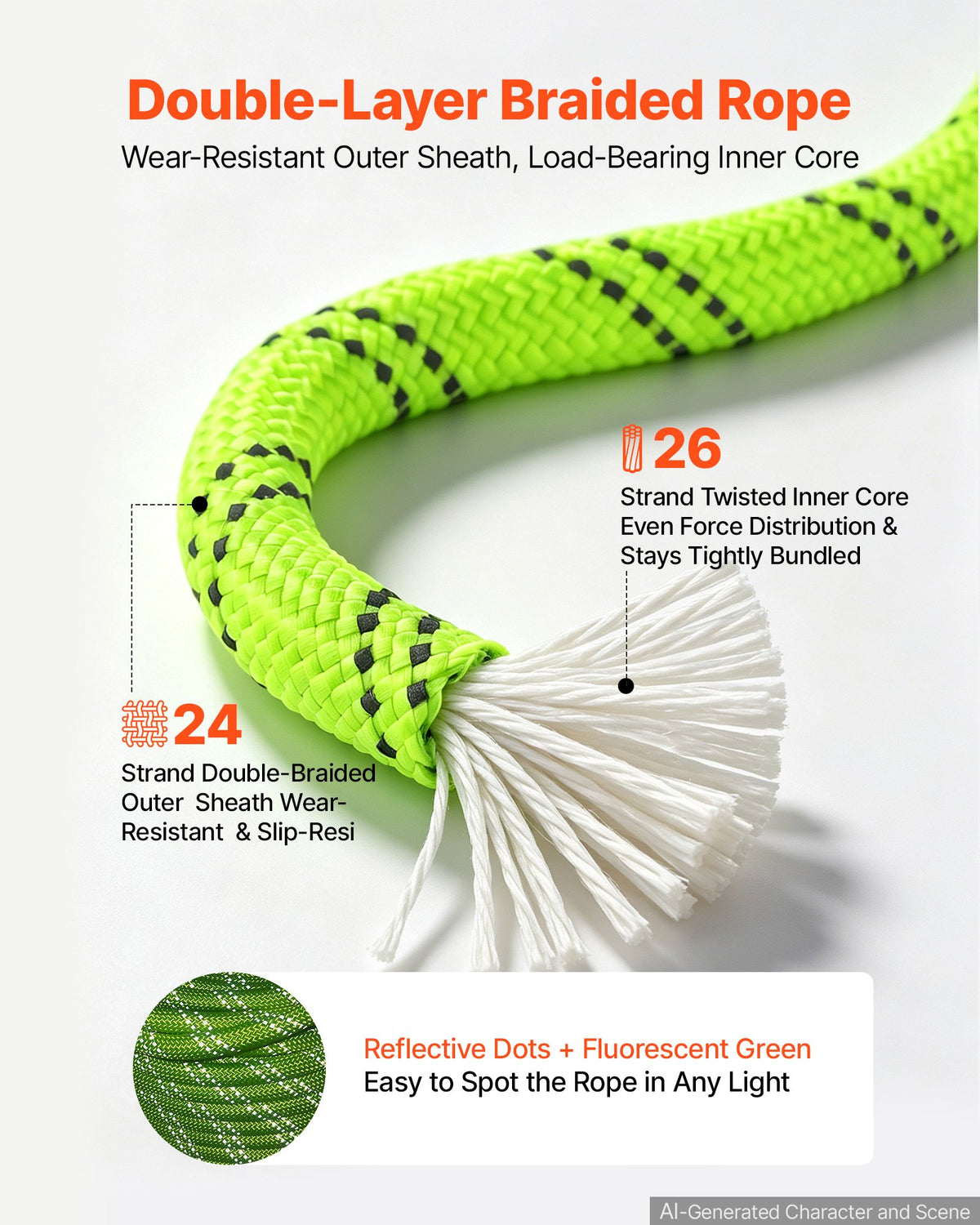 Double Braided Polyester Rope 19.1 mm x 67 m Arborist Rigging Rope, for Tree Work, Heavy Duty 26 Strands, 8800 kg High Breaking Strength, Outdoor Climbing Towing Swing Pulling Cord, Green