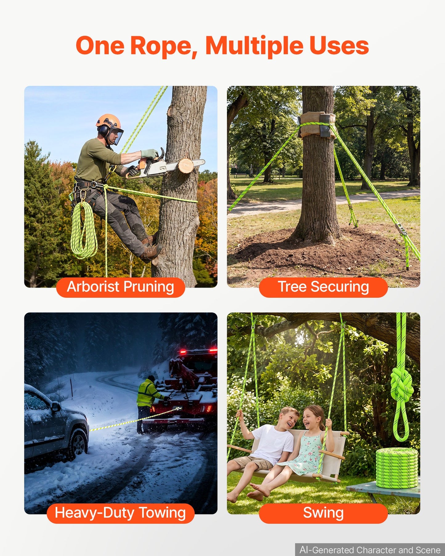 Double Braided Polyester Rope 19.1 mm x 67 m Arborist Rigging Rope, for Tree Work, Heavy Duty 26 Strands, 8800 kg High Breaking Strength, Outdoor Climbing Towing Swing Pulling Cord, Green