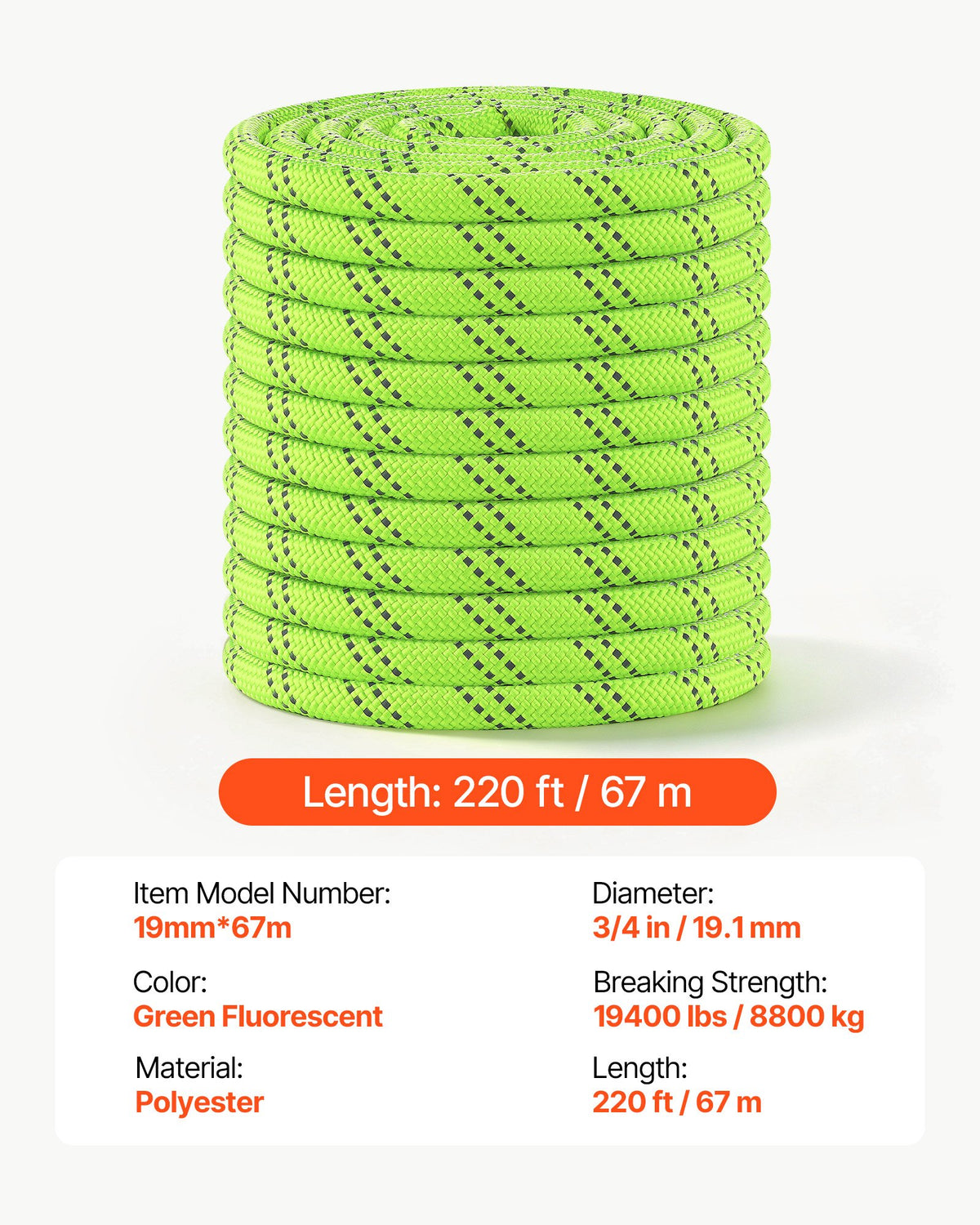 Double Braided Polyester Rope 19.1 mm x 67 m Arborist Rigging Rope, for Tree Work, Heavy Duty 26 Strands, 8800 kg High Breaking Strength, Outdoor Climbing Towing Swing Pulling Cord, Green