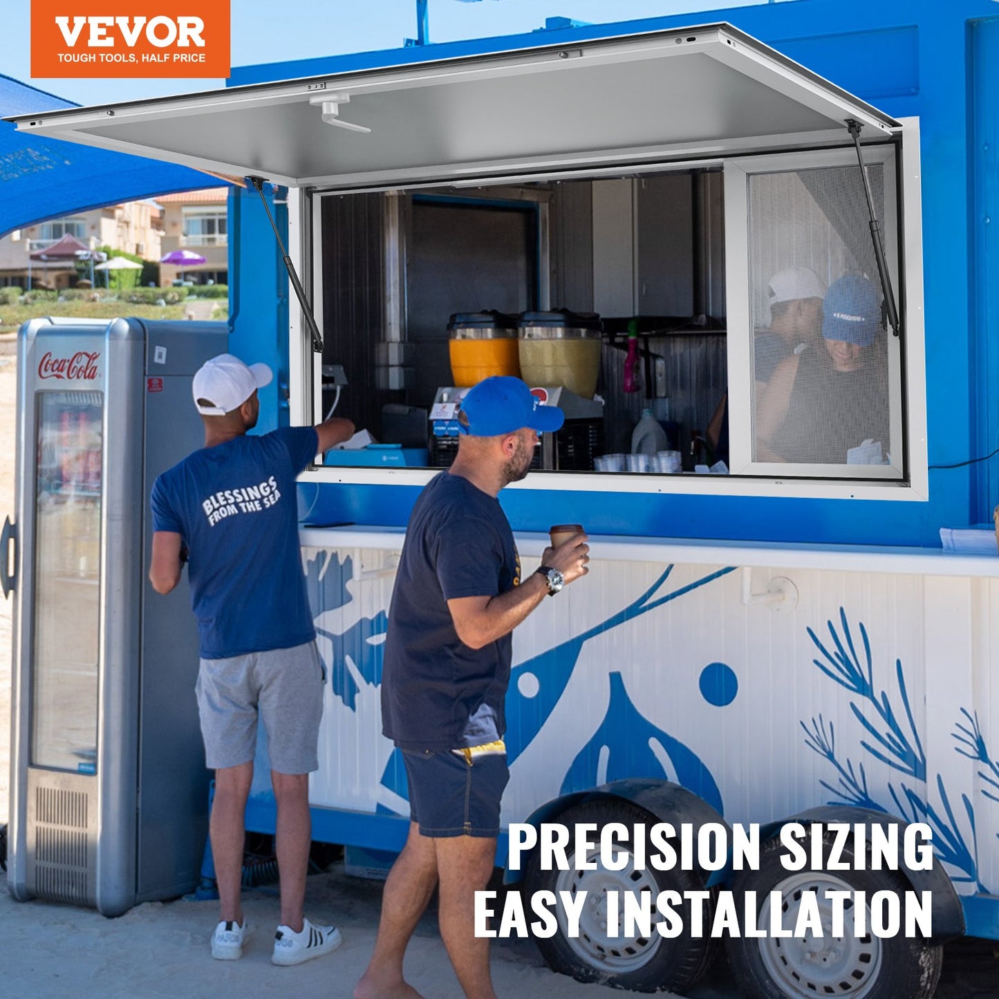 Concession Window for Food Truck, 1220x915 mm Aluminum Alloy Service Window, Up to 85 Degrees Serving Window with 4 Sliding Windows & Awning Door & Drag Hook, for Food Truck Concession Trailer