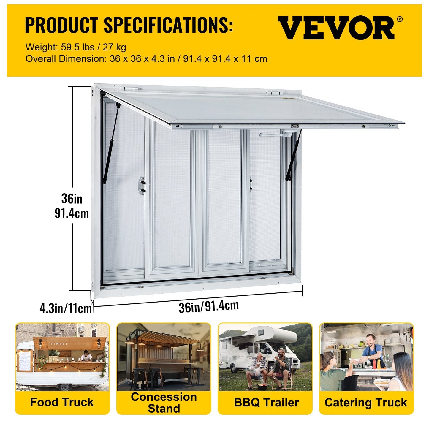 Aluminum Alloy 0.9 x 0.9 m Food Truck Service Window with Awning & Screens