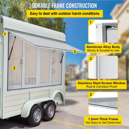 Food Truck Serving Window Awning with 4 Screens, 1.2m x 0.9m, 31kg Aluminum Frame