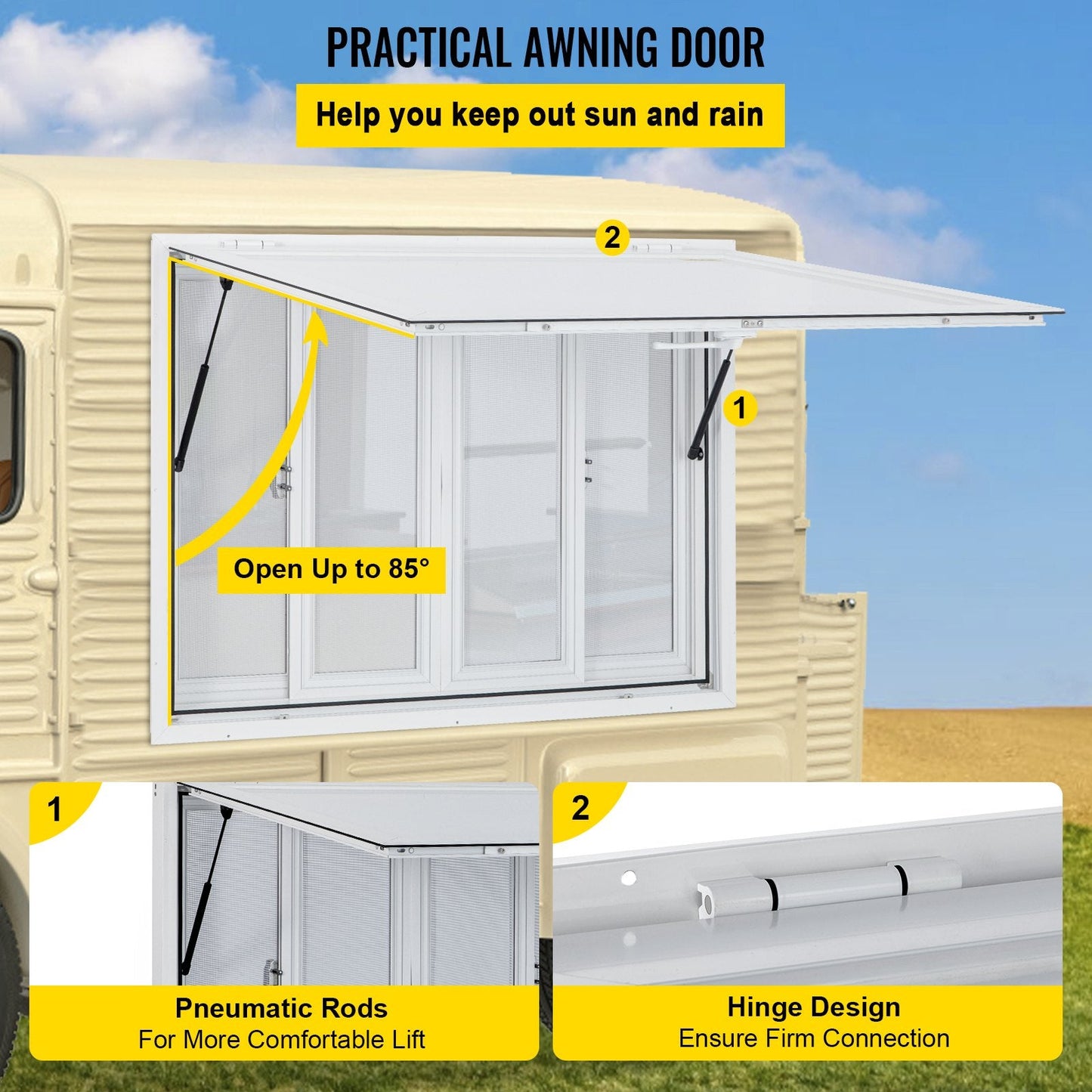 Food Truck Serving Window Awning with 4 Screens, 1.2m x 0.9m, 31kg Aluminum Frame
