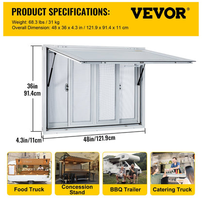 Food Truck Serving Window Awning with 4 Screens, 1.2m x 0.9m, 31kg Aluminum Frame