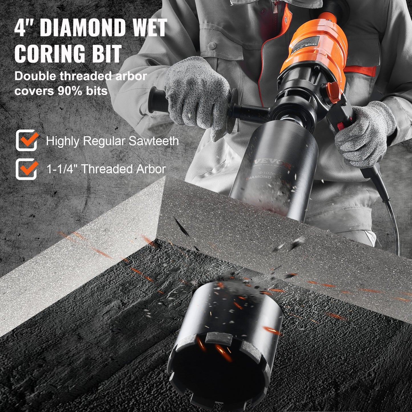 VEVOR Diamond Core Drilling Machine, 4in Handheld Wet Concrete Core Drill Rig, 1100-2400RPM