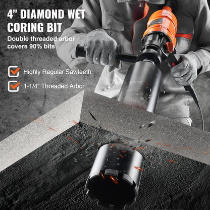 VEVOR Diamond Core Drilling Machine, 4in Handheld Wet Concrete Core Drill Rig, 1100-2400RPM