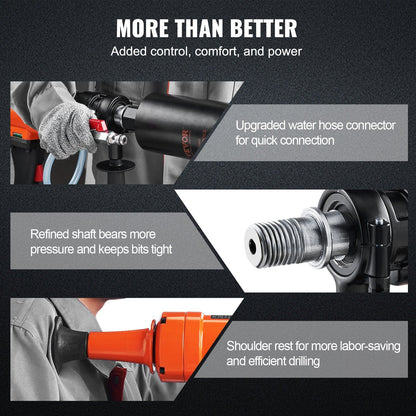 Handheld Wet Core Drill Rig, 10.2 cm, 1500W, Dual Speed for Concrete & Stone