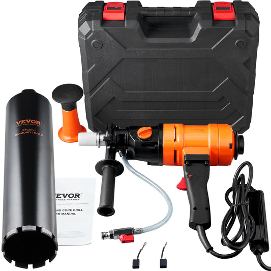 VEVOR Diamond Core Drilling Machine, 4in Handheld Wet Concrete Core Drill Rig, 1100-2400RPM