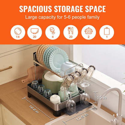 2-Tier Stainless Steel Dish Rack with Drainboard & Utensil Holder, 0.5m x 0.3m