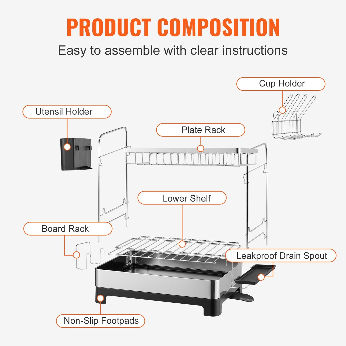 VEVOR Dish Drying Rack, 2 Tier Large Capacity Dish Drainers, Rustproof Stainless