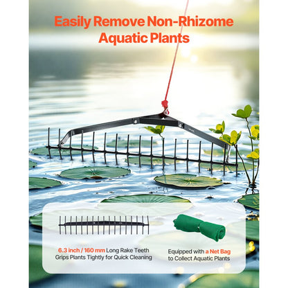 VEVOR 32x6.3 in Pond Aquatic Weed Rake Double-Sided Lake Weed Rake 30ft Rope