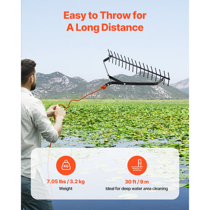 VEVOR 32x6.3 in Pond Aquatic Weed Rake Double-Sided Lake Weed Rake 30ft Rope