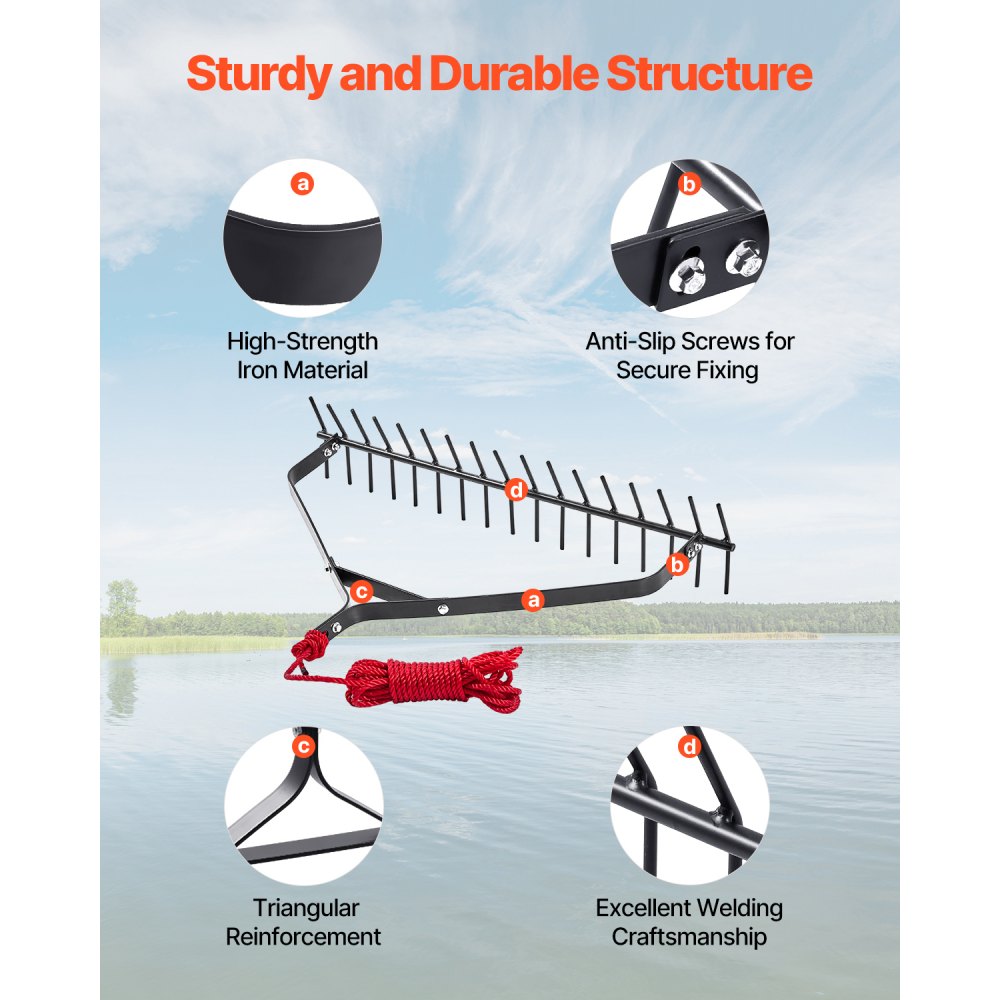 VEVOR 32x6.3 in Pond Aquatic Weed Rake Double-Sided Lake Weed Rake 30ft Rope