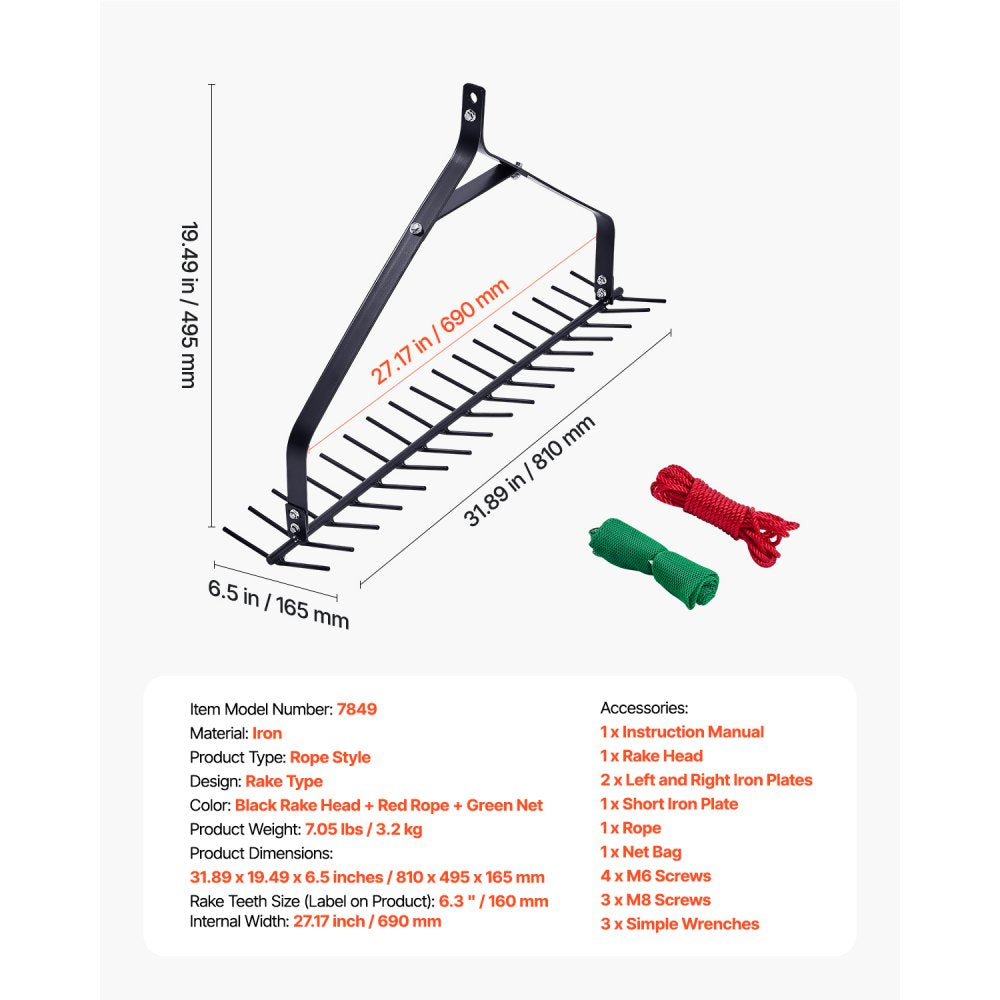VEVOR 32x6.3 in Pond Aquatic Weed Rake Double-Sided Lake Weed Rake 30ft Rope