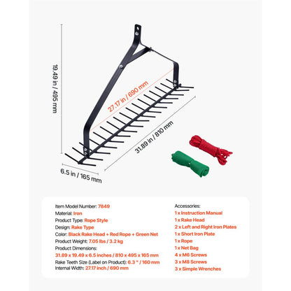 VEVOR 32x6.3 in Pond Aquatic Weed Rake Double-Sided Lake Weed Rake 30ft Rope