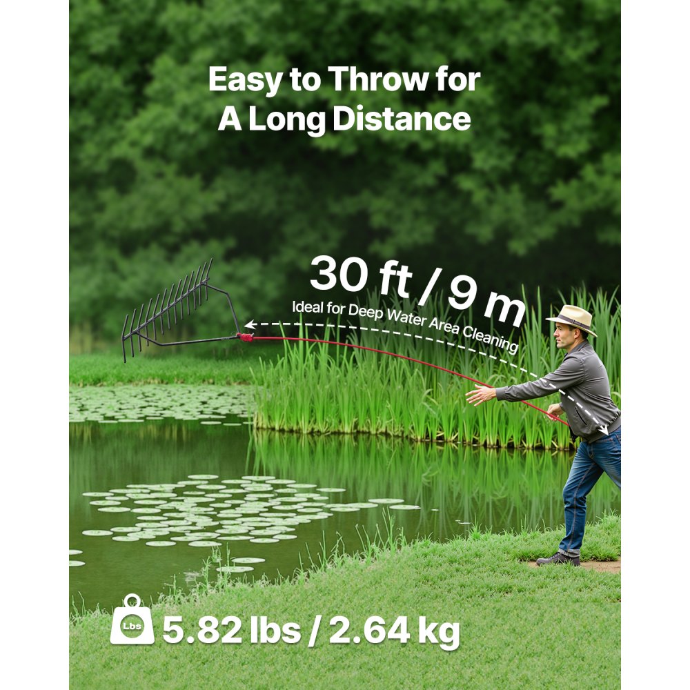 VEVOR 24x8.7 in Pond Aquatic Weed Rake Double-Sided Lake Weed Rake 30ft Rope