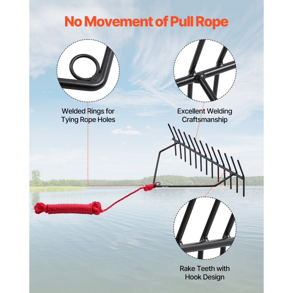 VEVOR 24x8.7 in Pond Aquatic Weed Rake Double-Sided Lake Weed Rake 30ft Rope