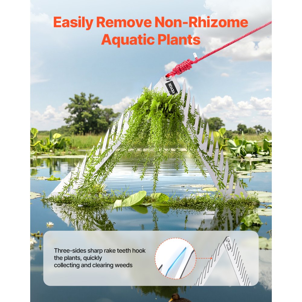 VEVOR 24in Aquatic Weed Rake 3-Sided Foldable Lake Weed Rake Handle 30ft Rope