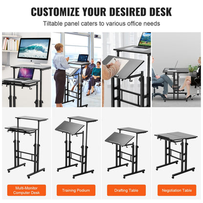Adjustable Mobile Standing Desk with Tiltable Desktop and Lockable Wheels