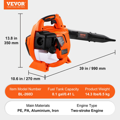 VEVOR Gas Leaf Blower, 26CC 2-Cycle Handheld Leaf Blower with A Fuel Tank, 2-in-1Gas-powered