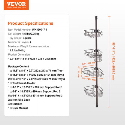 VEVOR 56" to 114" High Shower Corner Caddy Tension Pole Rust-Proof Tension Pole