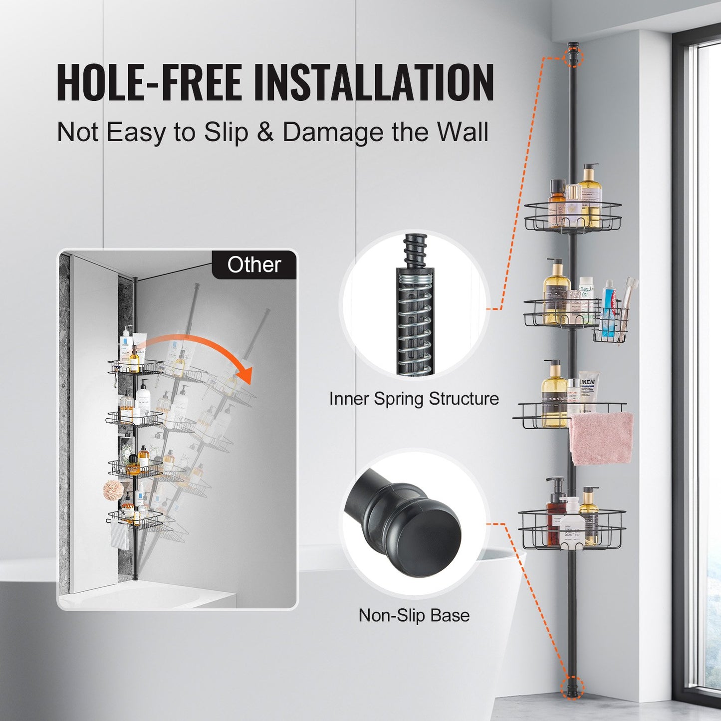 Shower Corner Caddy Tension Pole, 56" to 114" High, Multi-Functional Shower Tension Pole with Strong Load-Bearing Tray, Rust-Proof Easy-to-Install Tension Pole, Fit for Bathroom & Washroom