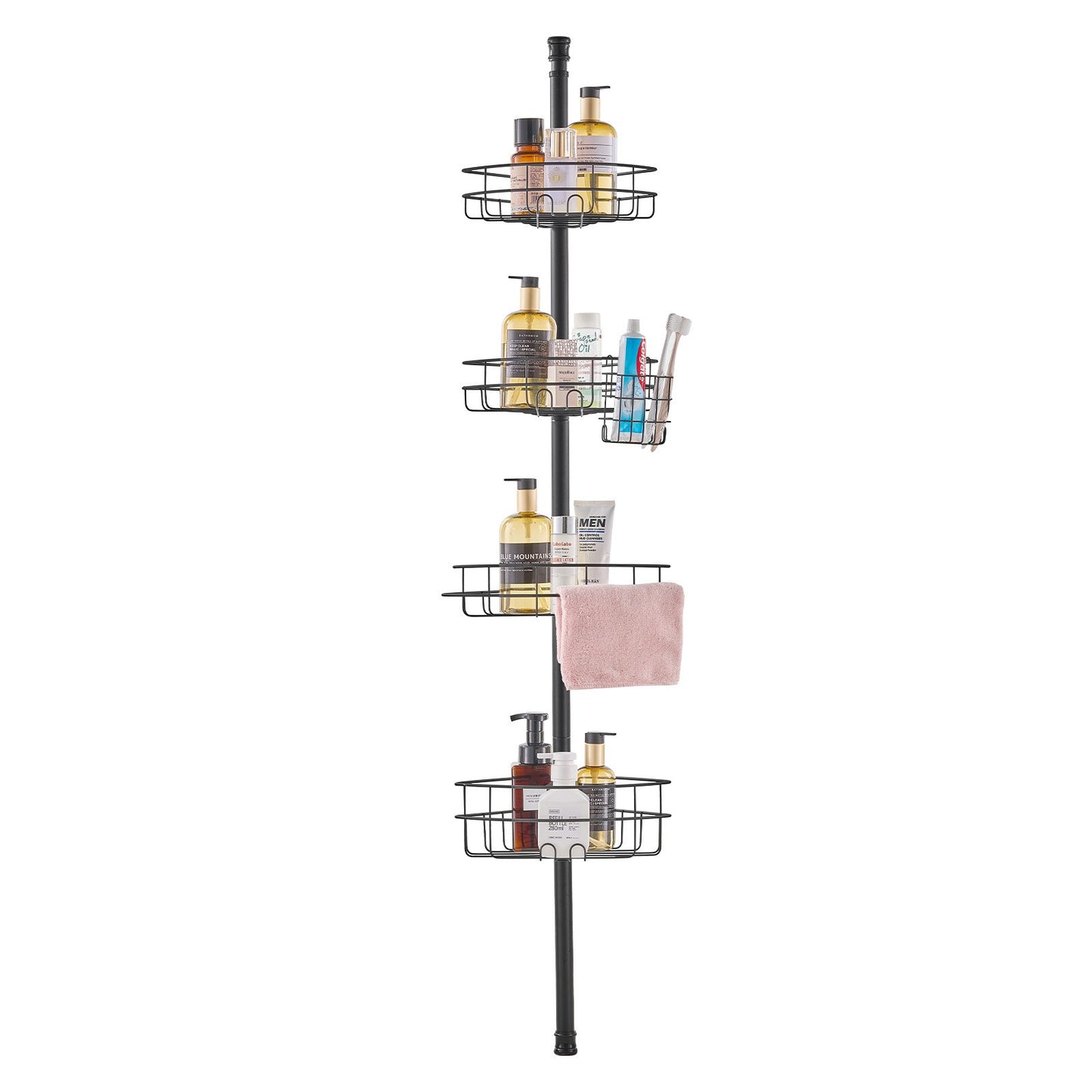 Shower Corner Caddy Tension Pole, 56" to 114" High, Multi-Functional Shower Tension Pole with Strong Load-Bearing Tray, Rust-Proof Easy-to-Install Tension Pole, Fit for Bathroom & Washroom