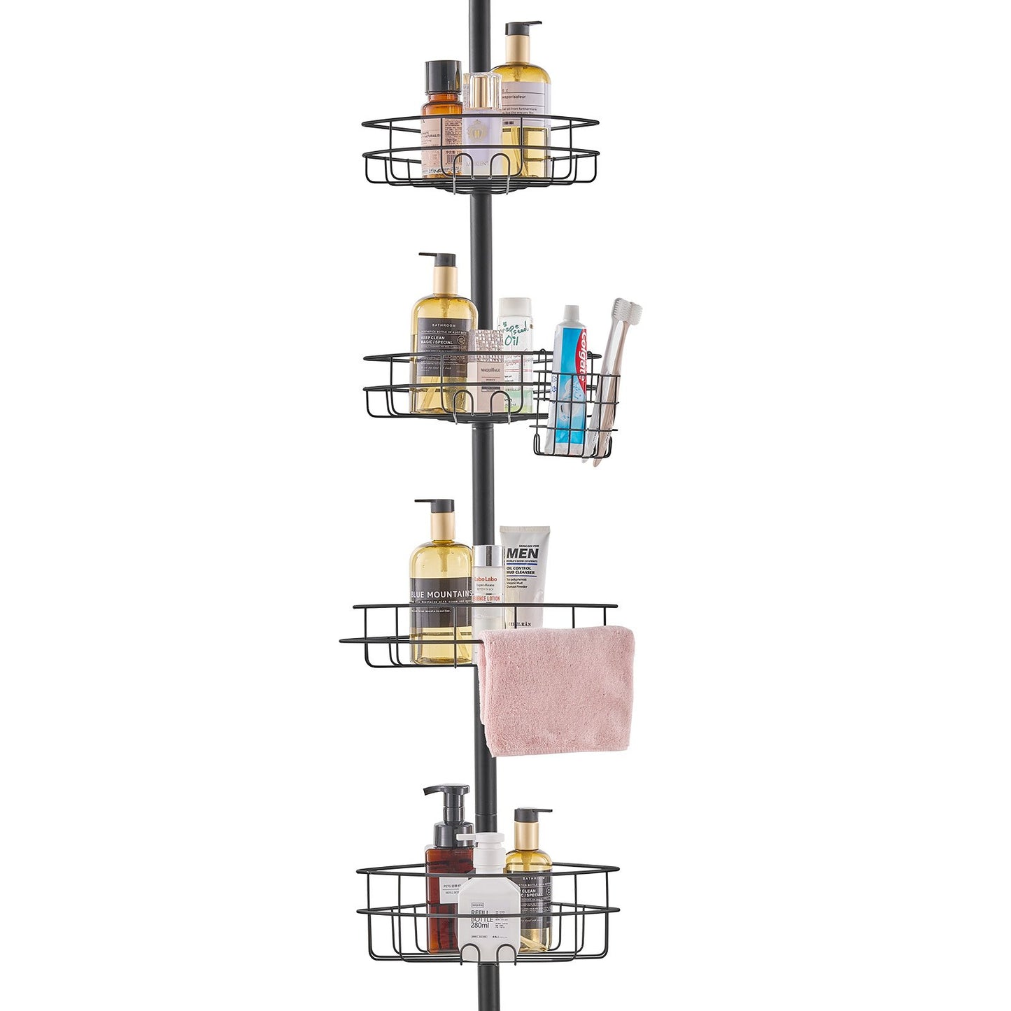 Shower Corner Caddy Tension Pole, 56" to 114" High, Multi-Functional Shower Tension Pole with Strong Load-Bearing Tray, Rust-Proof Easy-to-Install Tension Pole, Fit for Bathroom & Washroom