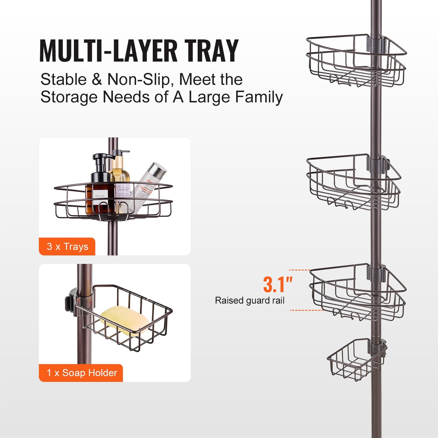 Shower Corner Caddy Tension Pole, 39" to 125" High, Multi-Functional Shower Tension Pole with Strong Load-Bearing Tray, Rust-Proof Easy-to-Install Tension Pole, Fit for Bathroom & Washroom