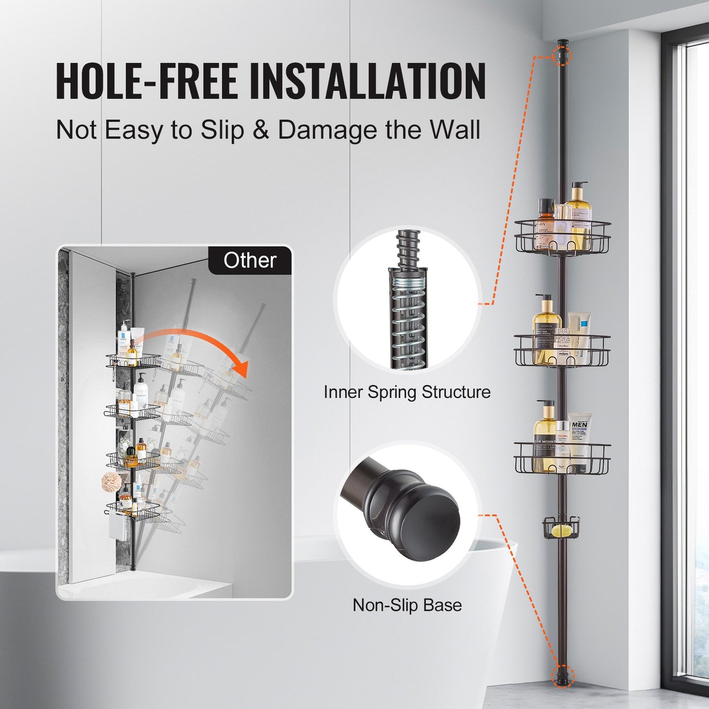 Shower Corner Caddy Tension Pole, 39" to 125" High, Multi-Functional Shower Tension Pole with Strong Load-Bearing Tray, Rust-Proof Easy-to-Install Tension Pole, Fit for Bathroom & Washroom