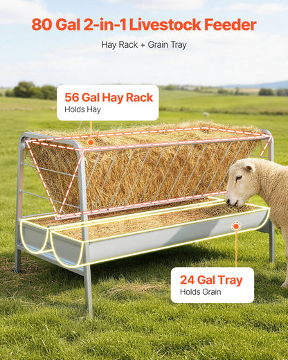 Livestock Hay Feeder, 2 in 1 Grain & Hay Feeder, 300L Capacity, 147 cm Long Goat Pasture Feeding with Deeper Feeding Pan, Heavy Duty Steel Grain Holder for Sheep Sheds, Farms, Horse Barns, Yards