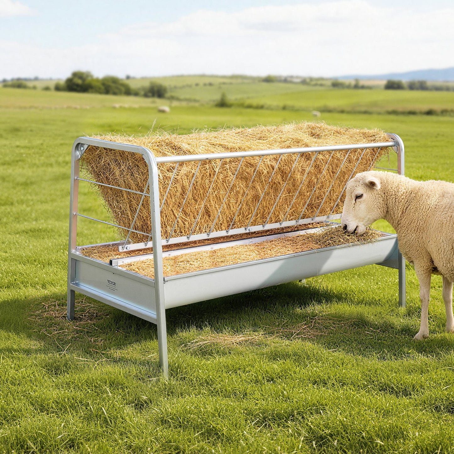 Livestock Hay Feeder, 2 in 1 Grain & Hay Feeder, 300L Capacity, 147 cm Long Goat Pasture Feeding with Deeper Feeding Pan, Heavy Duty Steel Grain Holder for Sheep Sheds, Farms, Horse Barns, Yards