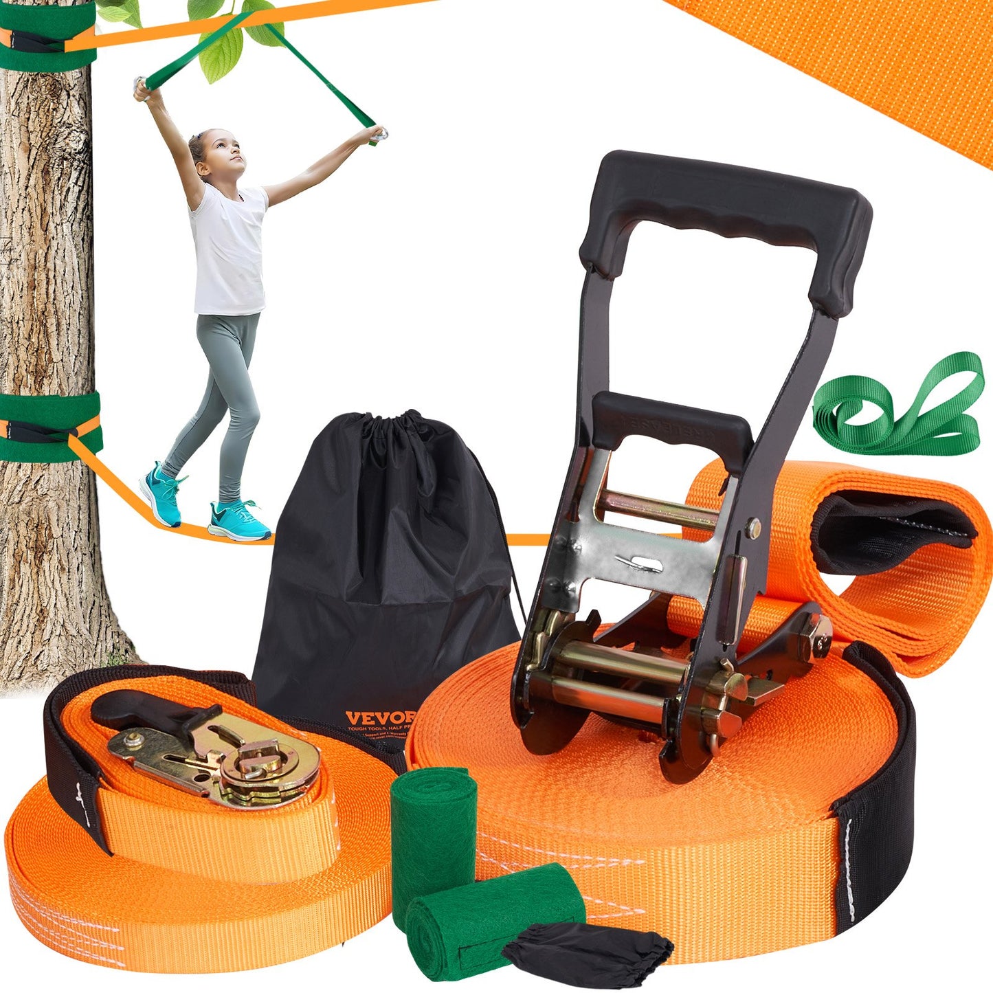 VEVOR Slackline Kit with Training Line, 18.3m Backyard Slack Line Equipment, Easy